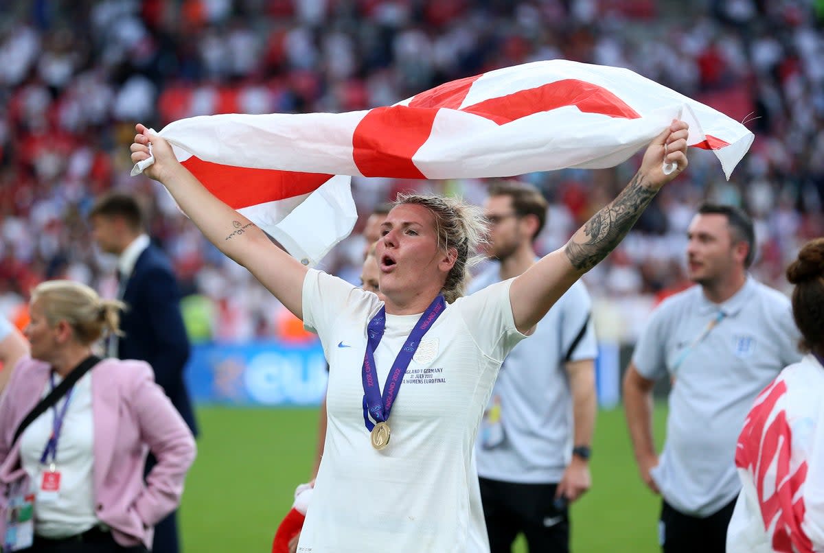 Millie Bright celebrates after England win the Euro 2022 final at Wembley Stadium (Nigel French/PA) (PA Wire)