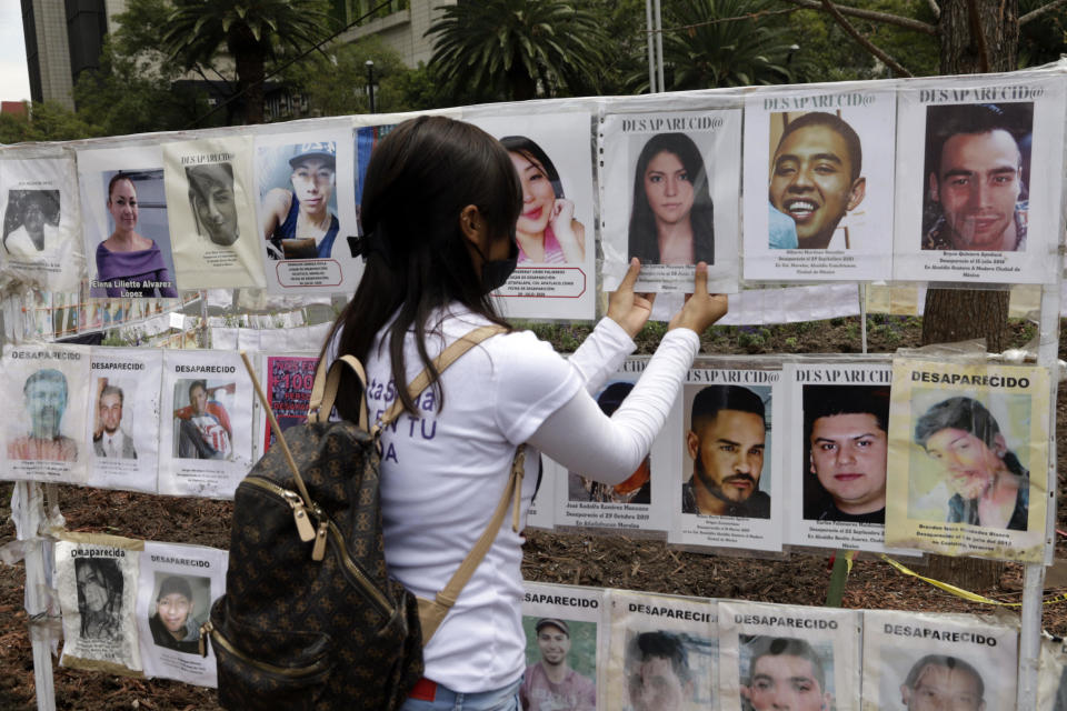 Human rights activists and relatives of disappeared victims take part during the demonstration 'Pilgrimage for life and peace' as a protest against rising violence in Mexico on July 5, 2022 in Mexico City.  / Credit: Luis Barron/Eyepix Group/Future Publishing via Getty Images