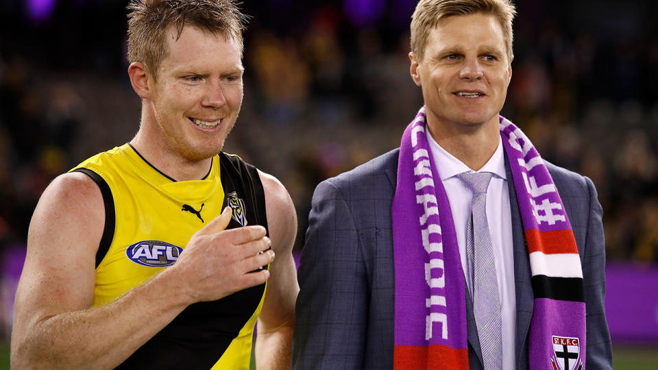 Jack Riewoldt of the Tigers chats to his cousin Nick Riewoldt after Maddie’s Match in round 18. (Photo by Adam Trafford/AFL Media/Getty Images)