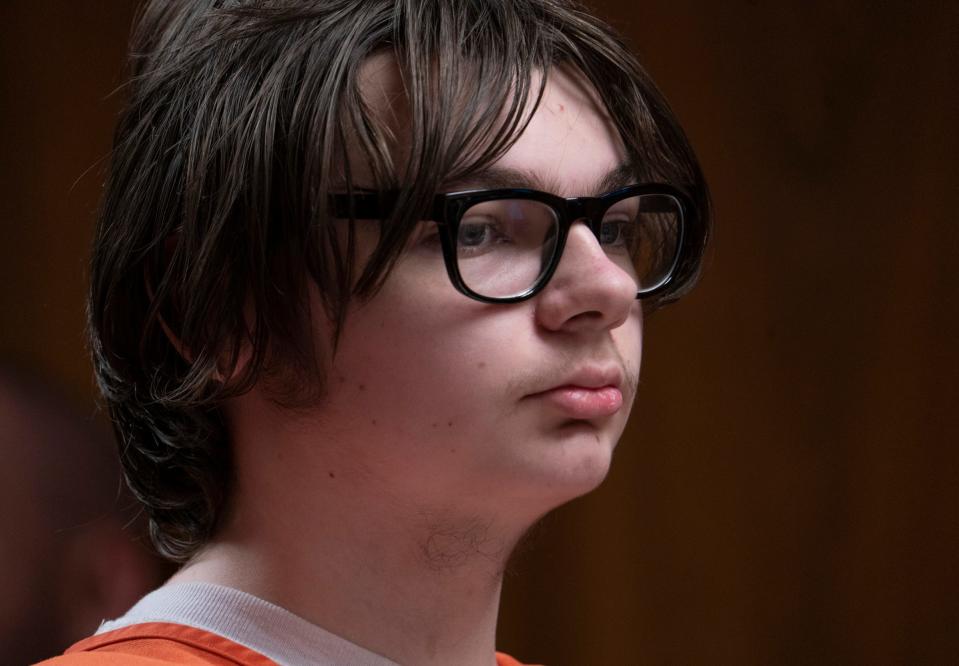 Ethan Crumbley appears in court, on Friday, Aug. 18, 2023, in Pontiac, Mich. The Oakland County Prosecutors are making their case that Crumbley, a teenager, should be sentenced to life without parole for killing four students at Oxford High School in 2021.