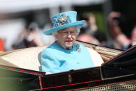 <p>The woman of the hour wore a bright turquoise Stewart Parvin number and an Angela Kelly hat for her birthday celebrations. Photo: PA </p>