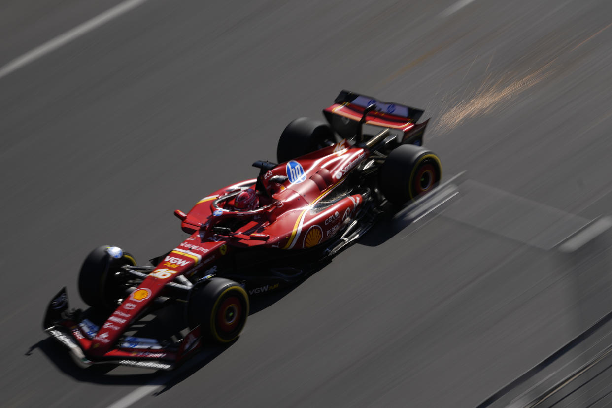 Ferrari driver Charles Leclerc of Monaco in action during a Formula One Grand Prix in Baku, Azerbaijan, on Sunday, Sept. 15, 2024. (AP Photo/Sergei Grits)