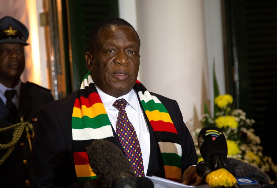 Zimbabwe’s president Emmerson Mnangagwa holds a press conference at State House on September 6, 2019 in Harare, Zimbabwe. (Photo by Tafadzwa Ufumeli/Getty Images)