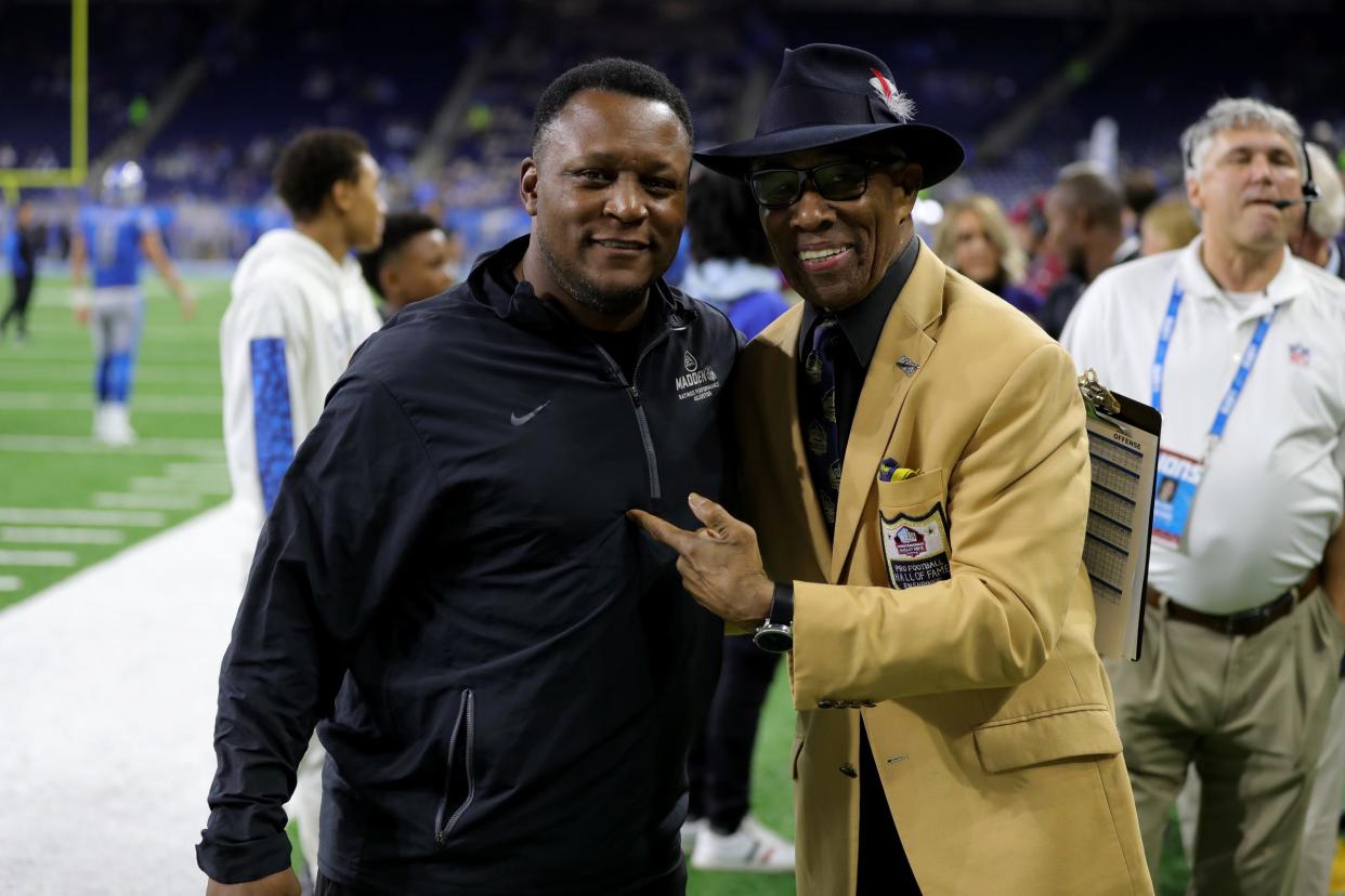 Former Lions Barry Sanders and Lem Barney on the sidelines on Sunday, Oct. 20, 2019, at Ford Field.