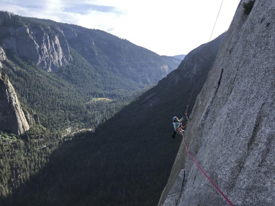 In this June 10, 2019, photo, provided by Michael Schneiter, is Selah Schneiter during her climb up El Capitan in Yosemite National Park, Calif. A 10-year-old Colorado girl has scaled Yosemite National Park's El Capitan, taking five days to reach the top of the iconic rock formation. Selah Schneiter of Glenwood Springs completed the challenging 3,000-foot (910 meters) climb last week with the help of her father and a family friend. (Michael Schneiter via AP)