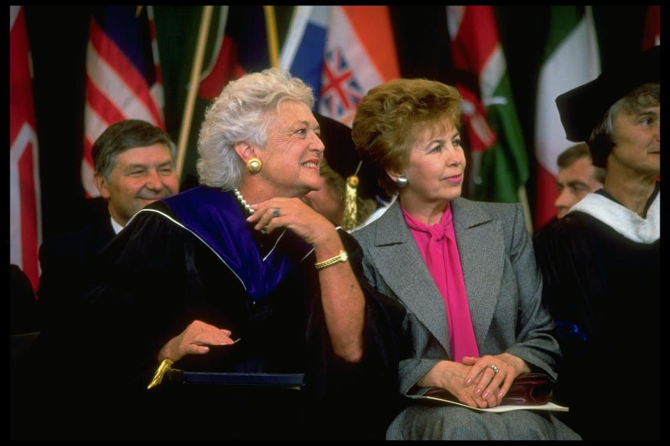 Barbara Bush and Raisa Gorbachev at Wellesley College graduation exercises in 1990. | Cynthia Johnson—The LIFE Images Collection/Getty