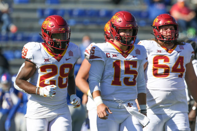 Quarterback Brock Purdy of the Iowa State Cyclones is sacked by