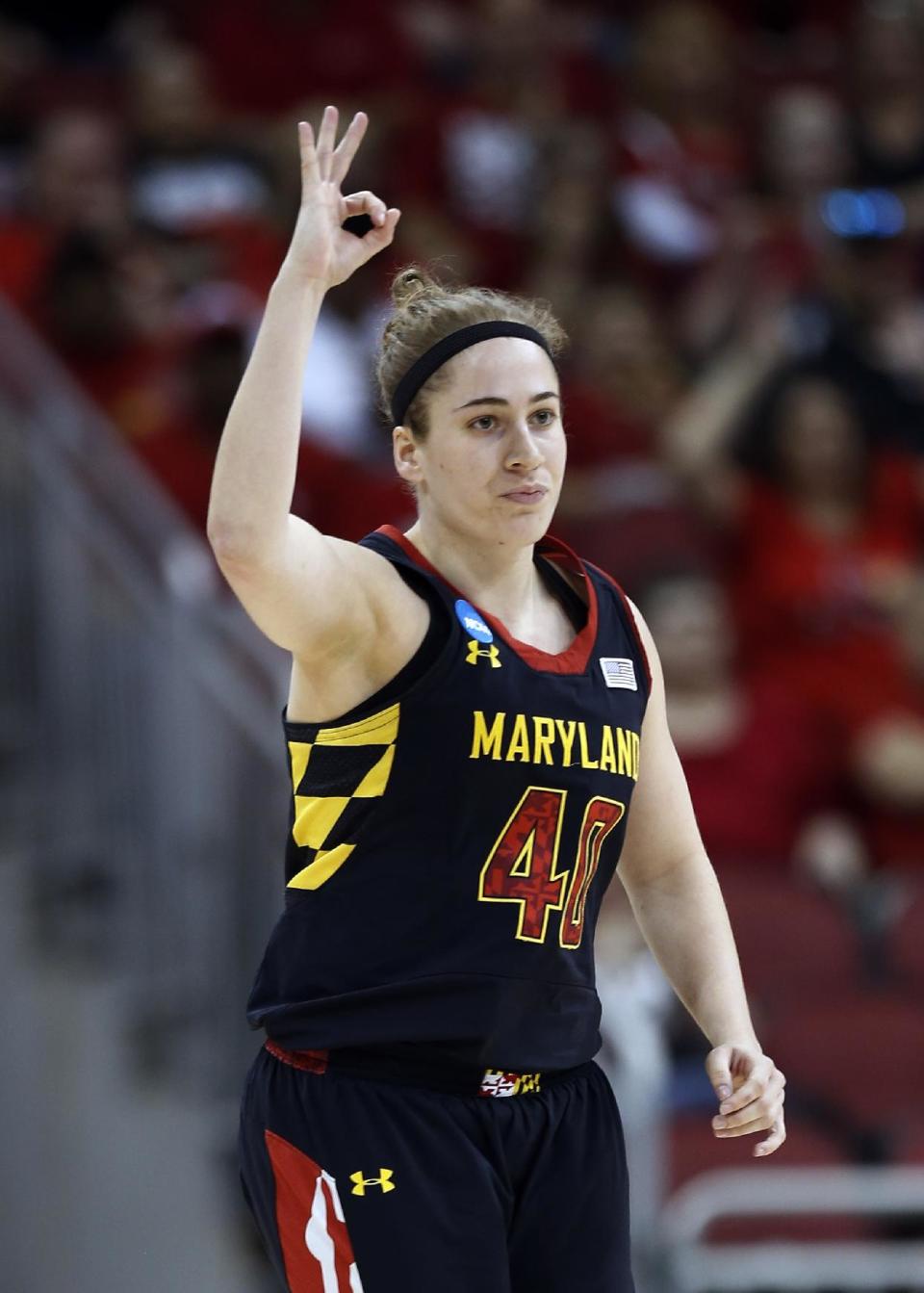 CORRECTS TO KATIE RUTAN, INSTEAD OF LEXIE_BROWN - Maryland guard Katie Rutan (40) reacts after hitting a 3-point basket against Louisville during the first half of a regional final in the NCAA women's college basketball tournament, Tuesday, April 1, 2014, in Louisville, Ky. (AP Photo/John Bazemore)