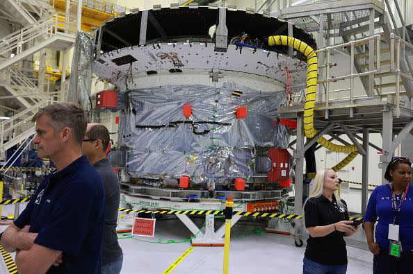 The Service Module component of the Orion spacecraft for the Artemis 2 mission is shown as it is prepared for a future mission at the Operations and Checkout Building at Kennedy Space Center on August 28, 2022, in Cape Canaveral, Florida.