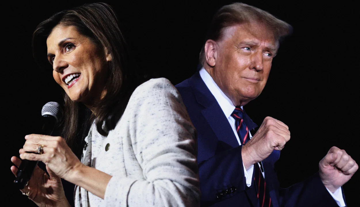 Nikki Haley and Donald Trump. (Photo illustration: Yahoo News; photos: Sam Wolfe/Bloomberg via Getty Images, Mike Segar/Reuters)