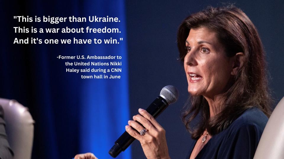 Presidential hopeful and former ambassador Nikki Haley speaks at The Gathering in Atlanta on Friday, Aug. 18, 2023. (Ben Gray / AP)