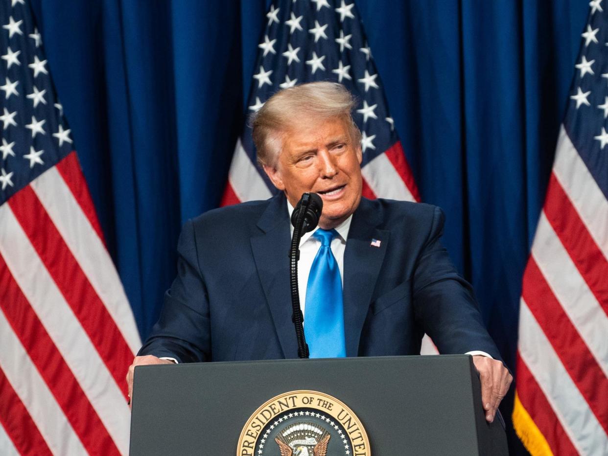 US President Donald Trump speaks on the first day of the Republican National Convention at the Charlotte Convention Centre on 24 August 2020 in Charlotte, North Carolina: (2020 Getty Images)