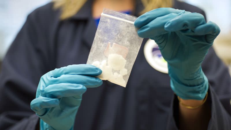 A bag of 4-fluoro isobutyryl fentanyl which was seized in a drug raid is displayed at the Drug Enforcement Administration Special Testing and Research Laboratory in Sterling, Va., on Aug. 9, 2016.