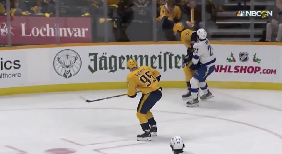 Whether it was accidental or not, Ryan Johansen of the Nashville Predators left Brayden Point of the Tampa Bay Lightning bloodied in the second period on Tuesday. (Twitter//@BradyTrett)