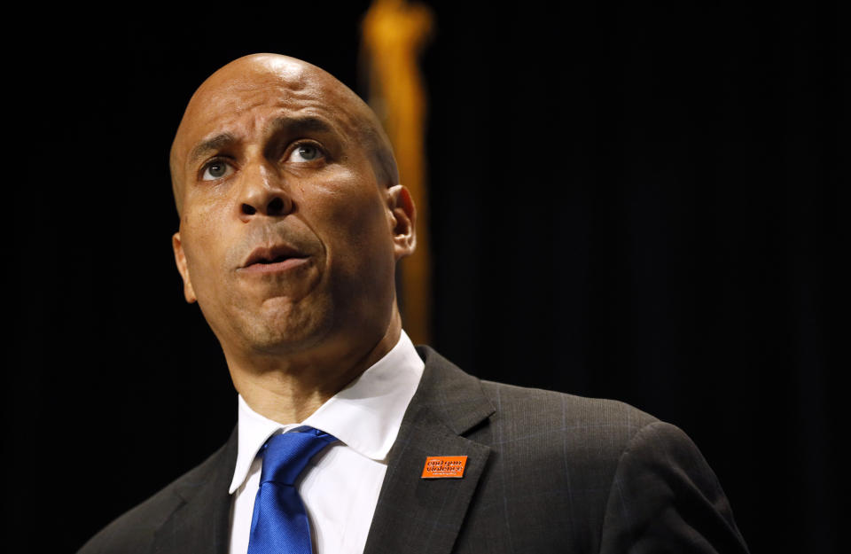 Democratic presidential candidate Cory Booker speaks during the Iowa Democratic Party's Hall of Fame Celebration, Sunday, June 9, 2019, in Cedar Rapids, Iowa. (AP Photo/Charlie Neibergall)