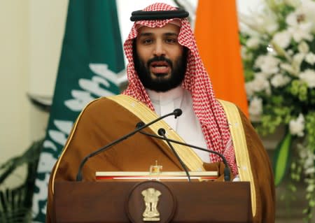 Saudi Arabia's Crown Prince Mohammed bin Salman speaks during a meeting with Indian Prime Minister Narendra Modi at Hyderabad House in New Delhi