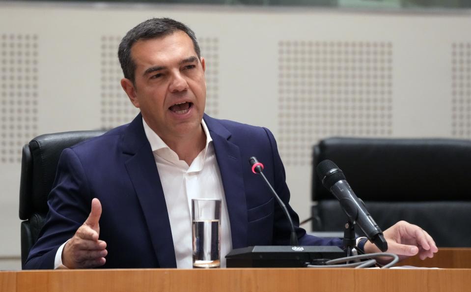 Opposition leader Alexis Tsipras, head of the left-wing Syriza party speaks at Zappeio Conference Hall in Athens, Greece, Thursday, June 29, 2023. Tsipras has announced his decision to step down after a crushing election defeat. The 48 year-old politician served as Greece's prime minister from 2015 to 2019 during politically tumultuous years as the country struggled to remain in the euro zone and end a series of international bailouts. (AP Photo/Petros Giannakouris)