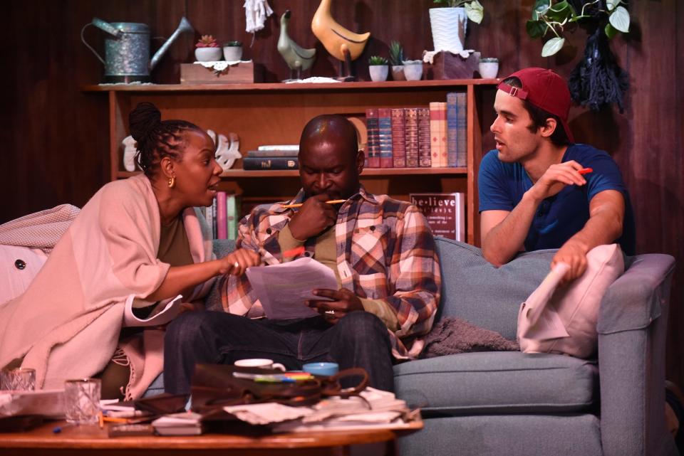 From left: Ashanti Brown as editor Emily Penrose, Isaiah Johnson as writer John D’Agata and Chris Naughton as fact-checker Jim Fingal in Savannah Rep's "The Lifespan of a Fact."