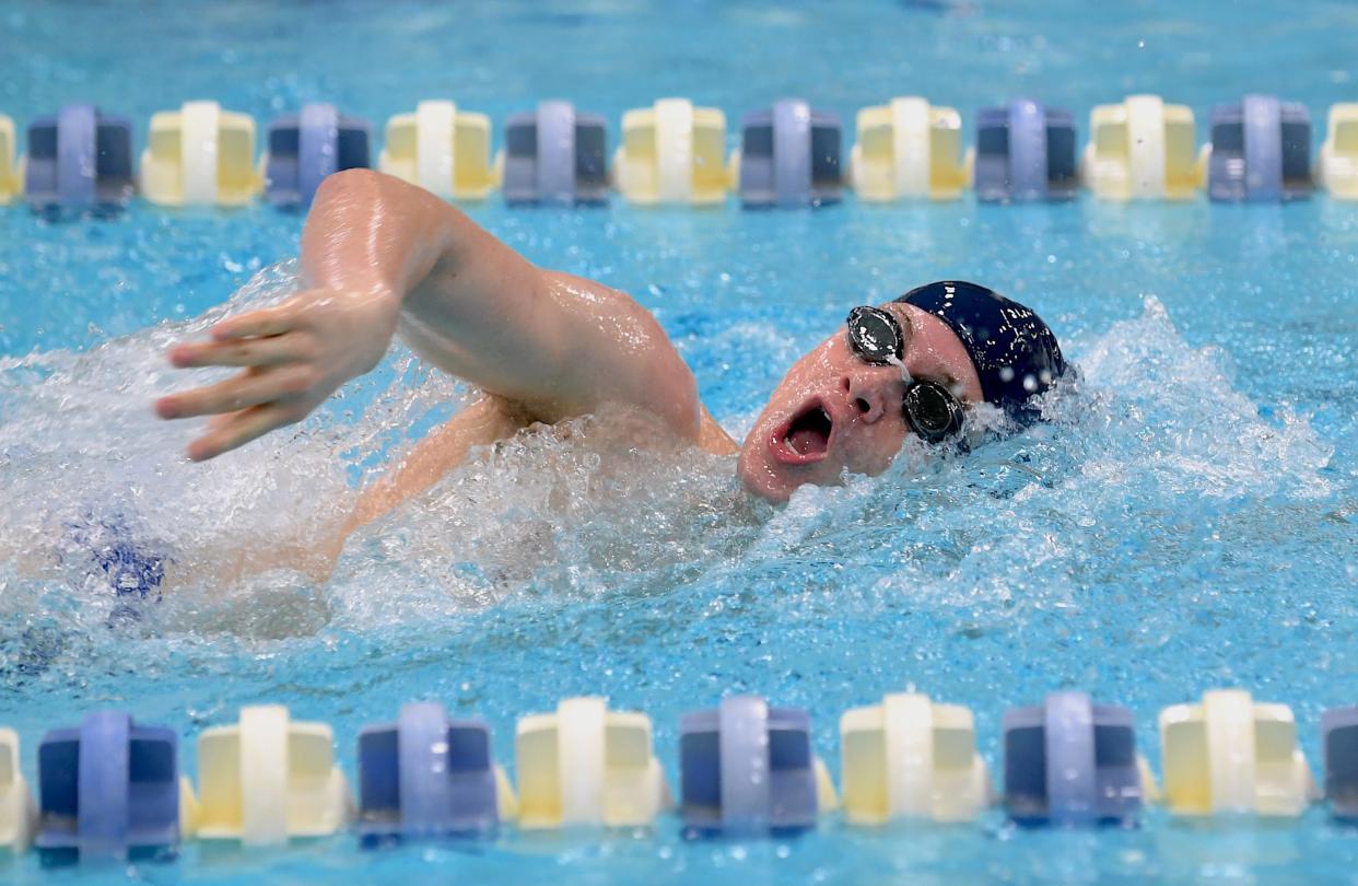Bartlesville High School's Cody Lay participates in a swim meet at the Phillips 66 Aquatic Center in Bartlesville on Jan. 23, 2024.