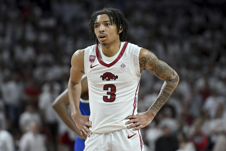 Arkansas guard Nick Smith Jr. has had a quiet NCAA tournament despite being projected as a lottery pick in the 2023 NBA Draft. Will that hurt his draft stock? (AP Photo/Michael Woods)