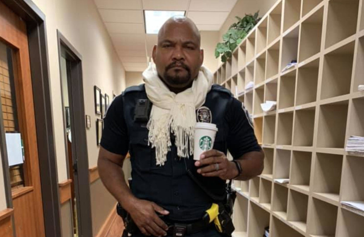 Southlake Department of Public Safety officers wore their new 'mandatory' fall uniforms, featuring a white scarf, Ugg boots, and a pumpkin spice drink. (Photo: Facebook)