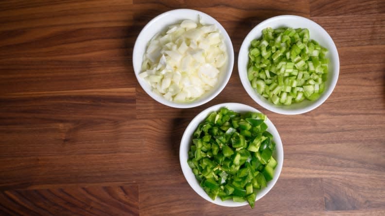 The "holy trinity" of bell pepper, onion, and celery sets the foundation of jambalaya.