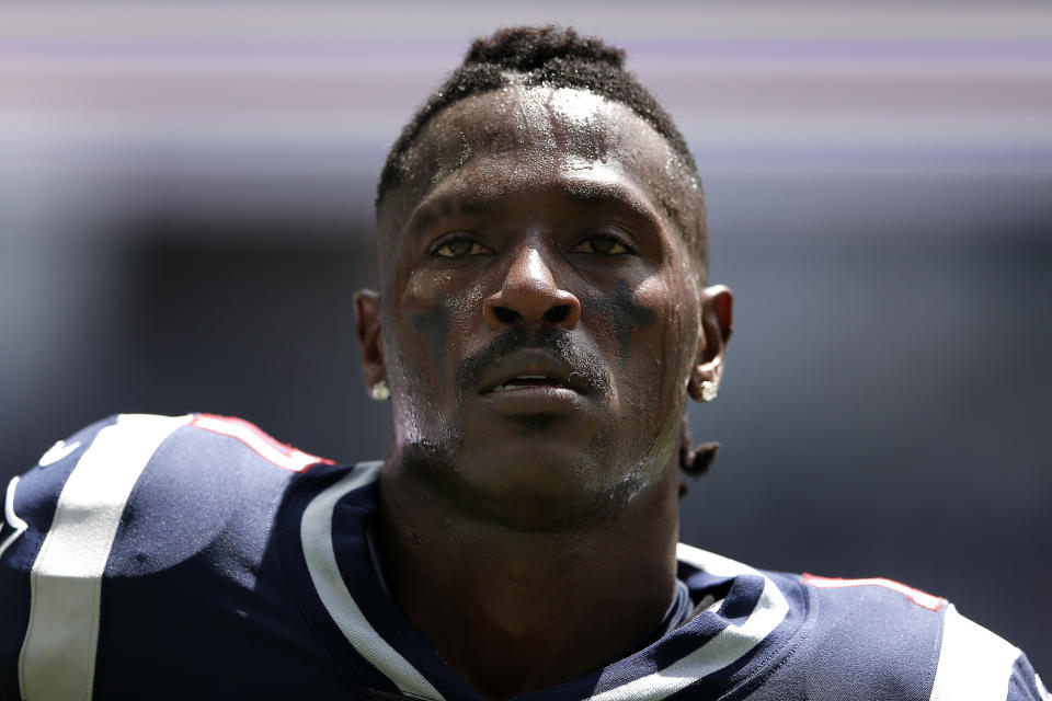 MIAMI, FLORIDA - SEPTEMBER 15:  Antonio Brown #17 of the New England Patriots looks on prior to the game between the Miami Dolphins and the New England Patriots at Hard Rock Stadium on September 15, 2019 in Miami, Florida. (Photo by Michael Reaves/Getty Images)