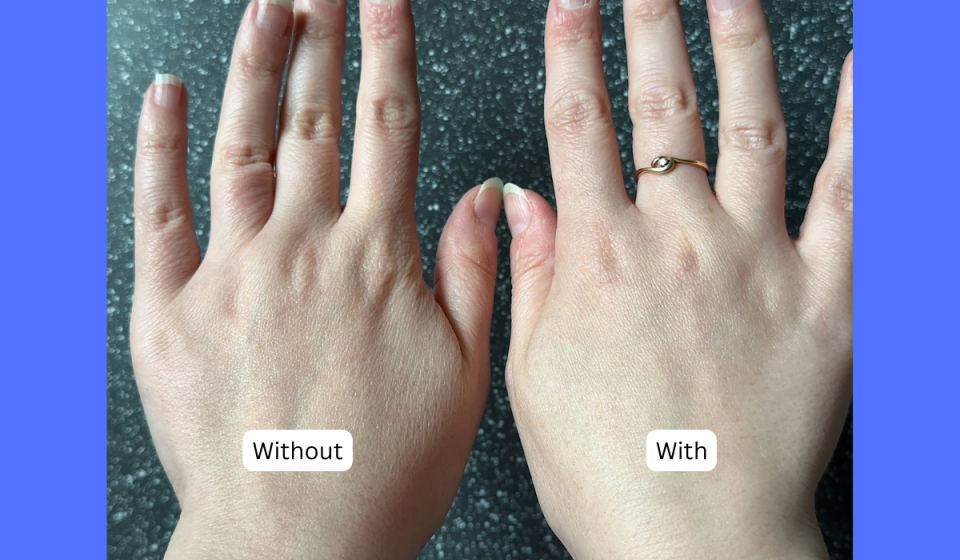 the author's hands, one looking dry and dull without the retinol lotion, and the other looking hydrated and glowy with it