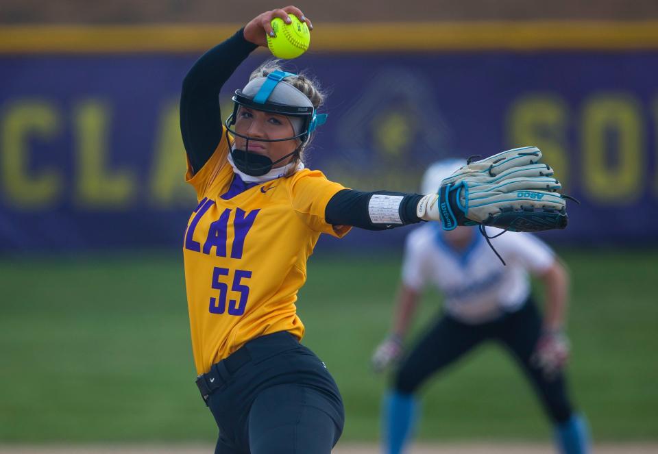 Clay’s Faith Hyduk pitches during the Saint Joseph vs. Clay softball game Friday, April 23, 2021 at Clay High School.