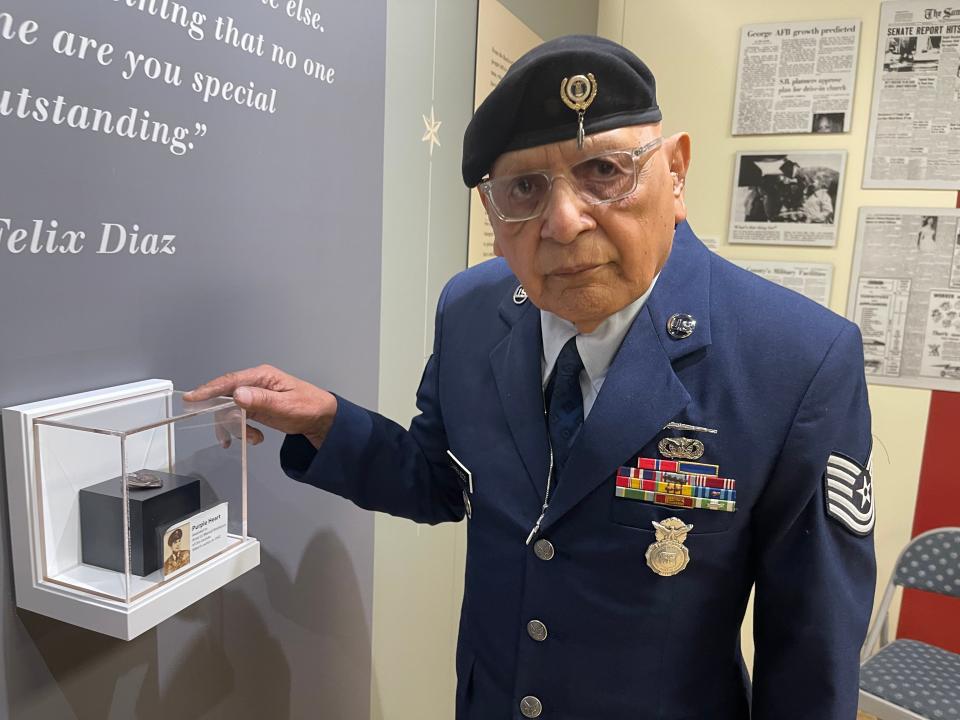 Air Force veteran David Carrasco, 83, with the Purple Heart that belonged to his late uncle, Army Lt. Manuel P. Rodriguez, who died during the WWII Battle of Bataan in the Philippines.