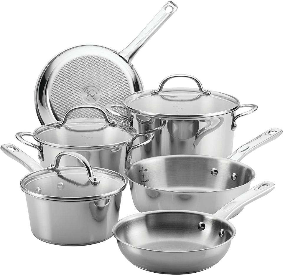 <p>If you're looking to invest in a stainless-steel cookware set, the <span>Ayesha Curry Home Collection Stainless Steel Cookware Pots and Pans Set</span> ($175 for nine) is durable and stylish. These are dishwasher, oven, and stovetop safe and can handle high temperatures of 500 degrees Fahrenheit. This set comes with a two-quart saucepan with a lid, two stockpots with lids, two frying pans, and a three-quart open sauté pan. These even have laser-etched measurement markings for easy meal prepping or portion sizing.</p>