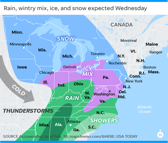 Every state east of the Mississippi is likely to get winter storm effects Wednesday, including Detroit, Chicago, Philadelphia, New York, Washington.