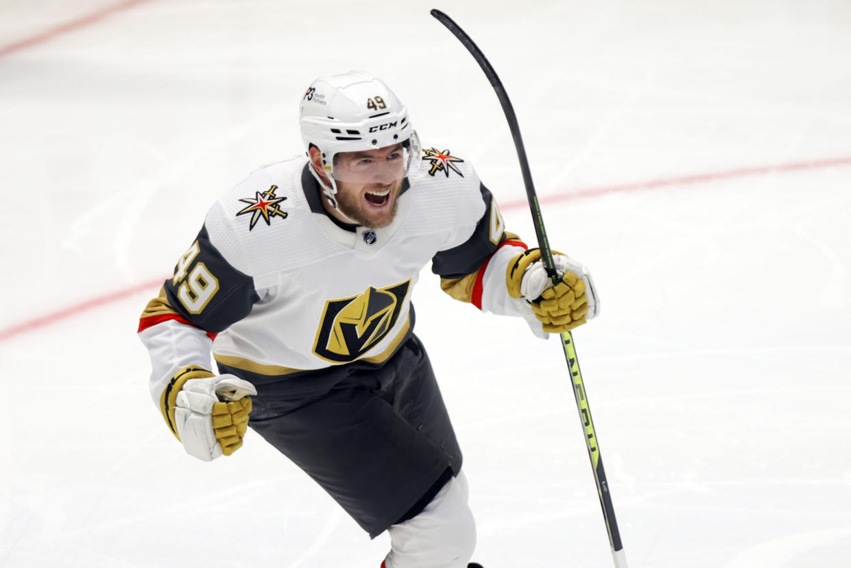 Vegas Golden Knight center Ivan Barbashev celebrates after right wing Jonathan Marchessault scored during the second period of Game 6 in the Western Conference finals. (AP Photo/Gareth Patterson)