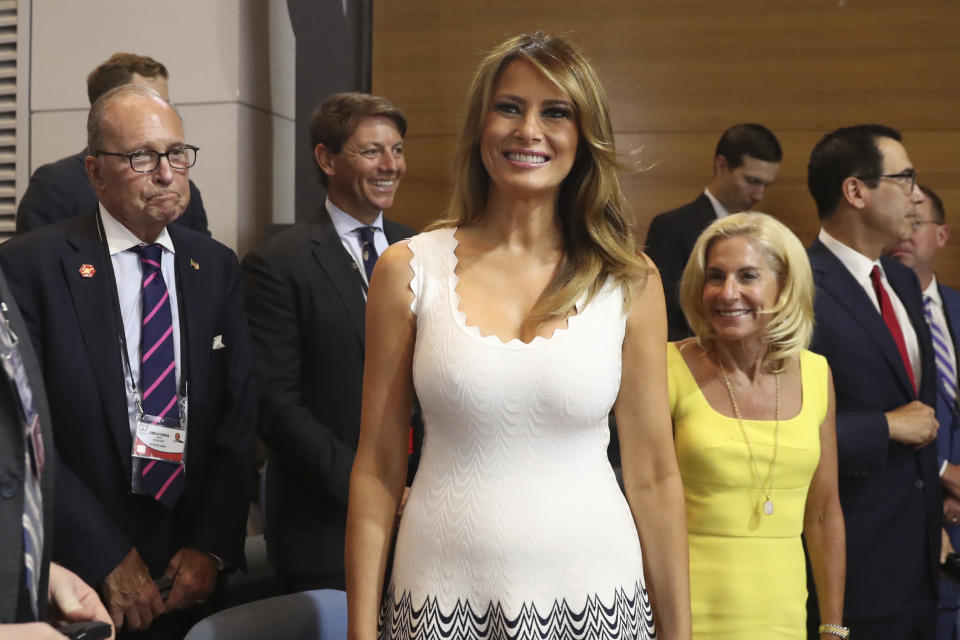 First Lady Melania Trump, arrives before President Donald Trump and French President Emmanuel Macron participate in a joint press conference at the G-7 summit in Biarritz, France, Monday, Aug. 26, 2019. (AP Photo/Andrew Harnik)