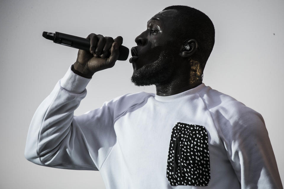 Grime artist Stormzy performs on the main stage as part of the V Festival at Hylands Parks, Chelmsford, Sunday, Aug 20, 2017. (Photo by Joel Ryan/Invision/AP)