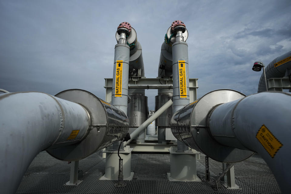 Piping is seen on the top of a receiving platform which will be connected to the Coastal GasLink natural gas pipeline terminus at the LNG Canada export terminal under construction, in Kitimat, B.C., on Wednesday, September 28, 2022. THE CANADIAN PRESS/Darryl Dyck