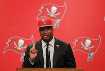 May 1, 2015; Tampa, FL, USA; Tampa Bay Buccaneers quarterback Jameis Winston (3) is introduced at a press conference at One Buc Place the day after being selected as the number one overall pick in the 2015 NFL Draft. Mandatory Credit: Kim Klement-USA TODAY Sports