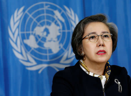 Special Rapporteur on the situation of human rights in Myanmar, Yanghee Lee addresses a news conference after her report to the Human Rights Council at the United Nations in Geneva, Switzerland, March 13, 2017. REUTERS/Denis Balibouse