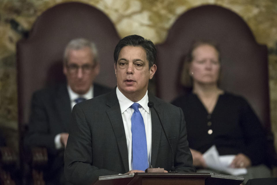 State Senate Democratic Leader Jay Costa, D-Allegheny, speaks before Pennsylvania lawmakers who came together in an unusual joint session to commemorate the victims of the Pittsburgh synagogue attack that killed 11 people last year, Wednesday, April 10, 2019, at the state Capitol in Harrisburg, Pa. (AP Photo/Matt Rourke)