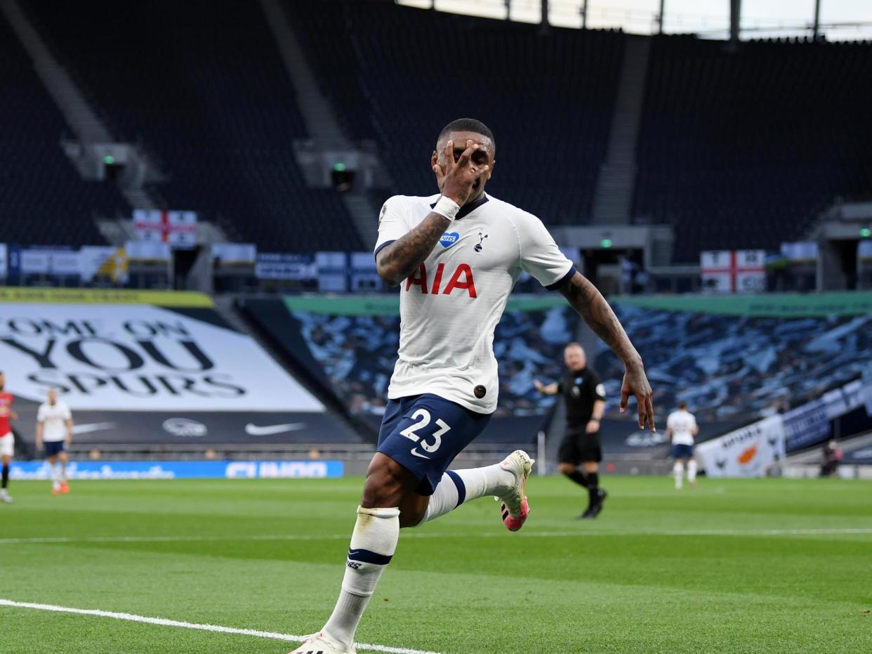 Bergwijn celebrates his goal against United: Getty