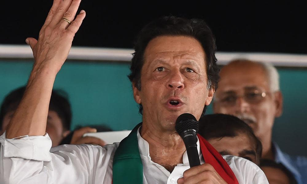 Imran Khan gives a speech during a political campaign rally outside Lahore.