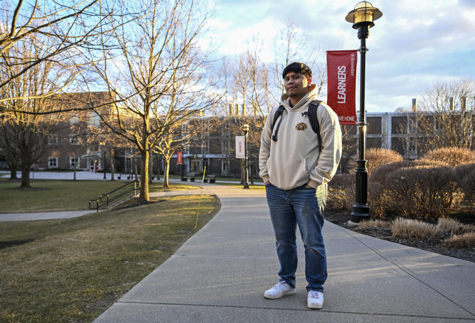 Jesus Noyola, a sophomore attending Rensselaer Polytechnic Institute, poses for a portrait outside the Folsom Library, Tuesday, Feb. 13, 2024, in Troy, N.Y. A later-than-expected rollout of a revised Free Application for Federal Student Aid, or FASFA, that schools use to compute financial aid, is resulting in students and their parents putting off college decisions. Noyola said he hasn’t been able to submit his FAFSA because of an error in the parent portion of the application. “It’s disappointing and so stressful since all these issues are taking forever to be resolved,” said Noyola, who receives grants and work-study to fund his education. (AP Photo/Hans Pennink)