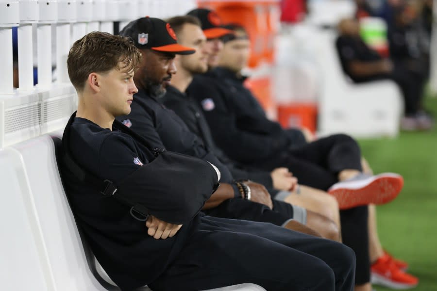 JACKSONVILLE, FLORIDA – DECEMBER 04: Joe Burrow #9 of the Cincinnati Bengals looks on prior to the game against the Jacksonville Jaguars at EverBank Stadium on December 04, 2023 in Jacksonville, Florida. (Photo by Courtney Culbreath/Getty Images)