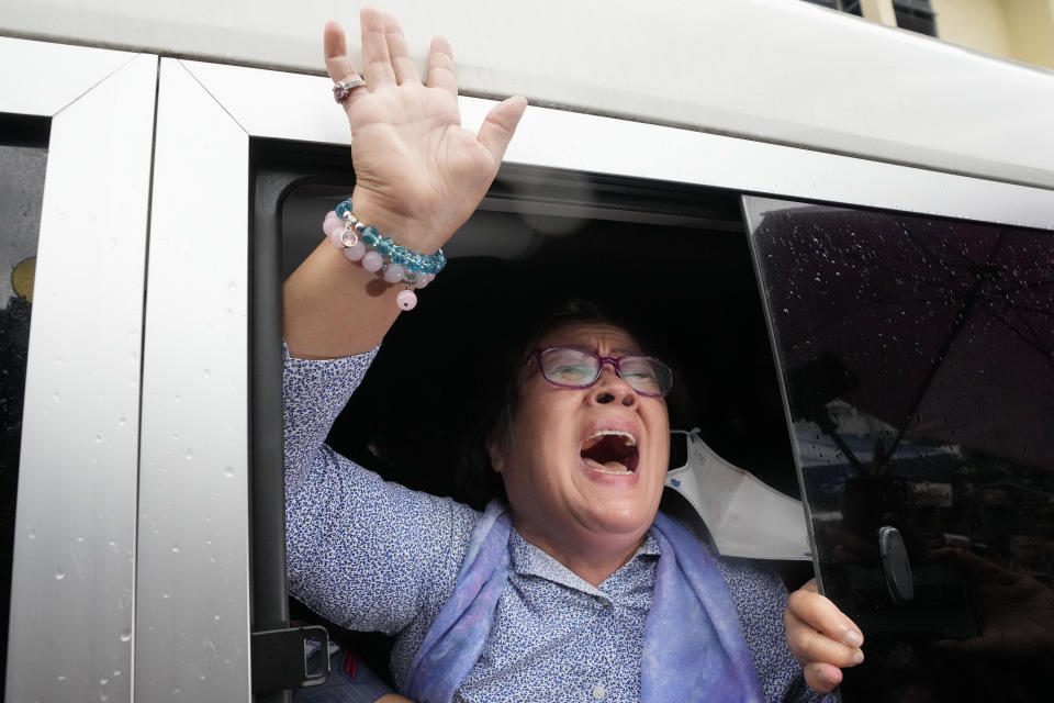 Former Senator Leila de Lima reacts after she goes out of the Muntinlupa City trial court on Monday, Nov. 13, 2023 in Muntinlupa, Philippines. A Philippine court on Monday ordered the release on bail of the former senator jailed more than six years ago on drug charges she said were fabricated to muzzle her investigation of then-President Rodrigo Duterte’s brutal crackdown on illegal drugs. Two other non-bailable drug cases against de Lima have been dismissed. (AP Photo/Aaron Favila)