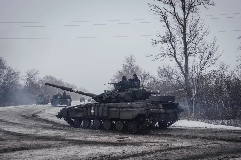 A Ukrainian tank patrols near Bakhmut on Jan. 30, 2023. The city has been the center of intense fighting for months. (Adrien Vautier / Le Pictorium / AP)