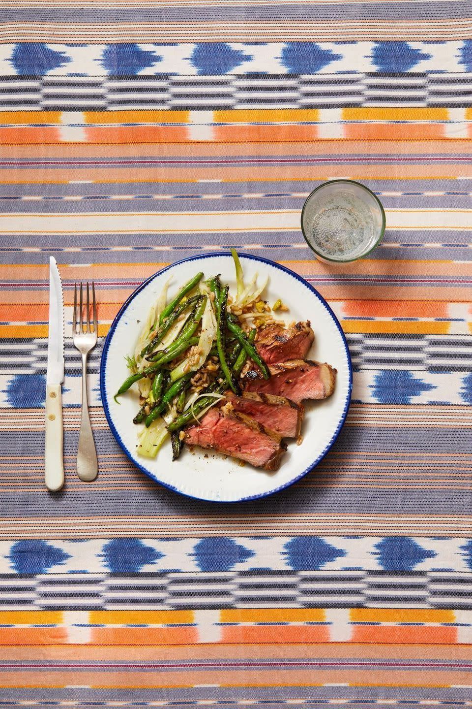 Steak With Grilled Green Beans, Fennel & Farro