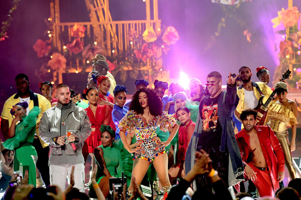 (L-R) J Balvin, Cardi B and Bad Bunny on stage