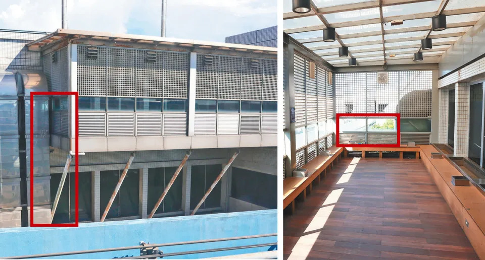 英籍男子哈特在一航廈拆除吸菸區的百葉窗（右圖紅框處中的一片），攀爬建築物離開（左圖紅框處）。記者葉信菉／攝影