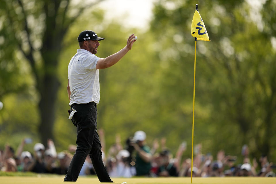 Michael Block celebrates after his hole-in-one on the 15th hole during the final round of the PGA Championship golf tournament at Oak Hill Country Club on Sunday, May 21, 2023, in Pittsford, N.Y. (AP Photo/Abbie Parr)