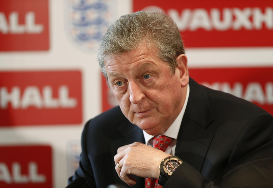 England's soccer manager Roy Hodgson announces the squad for the World Cup in Brazil in Luton, England, Monday, May 12, 2014. Hodgson has selected a World Cup squad containing several players unburdened by the team’s past struggles, although Frank Lampard was among the veterans to still make the cut. The 35-year-old Lampard is the oldest player among the 23 that Hodgson is taking to Brazil, one of only six to have previously been to a World Cup. (AP Photo/Sang Tan)